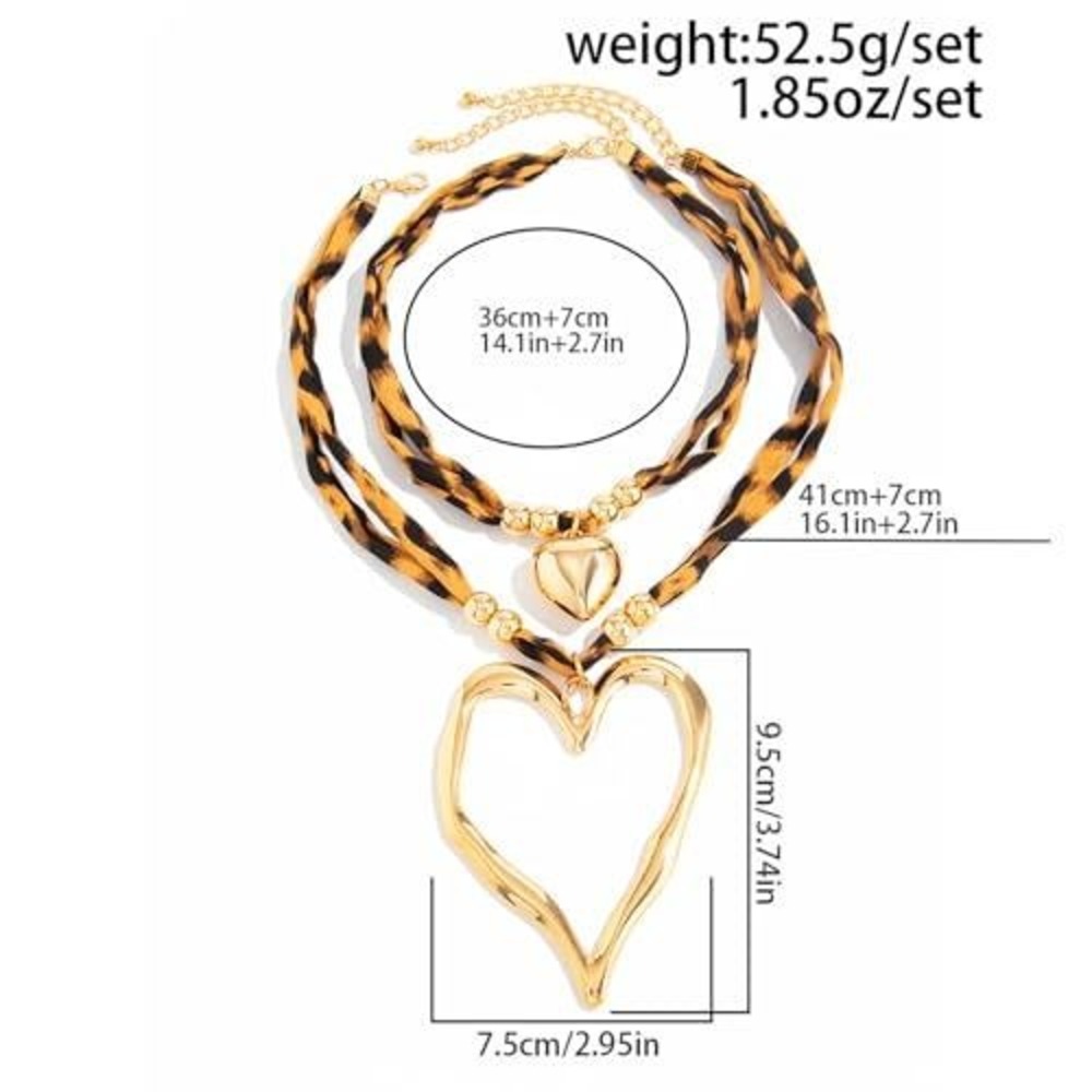 Leopard Print Layered Heart Pendant Necklace Gold Tone Animal Print Statement - Picture 2 of 2